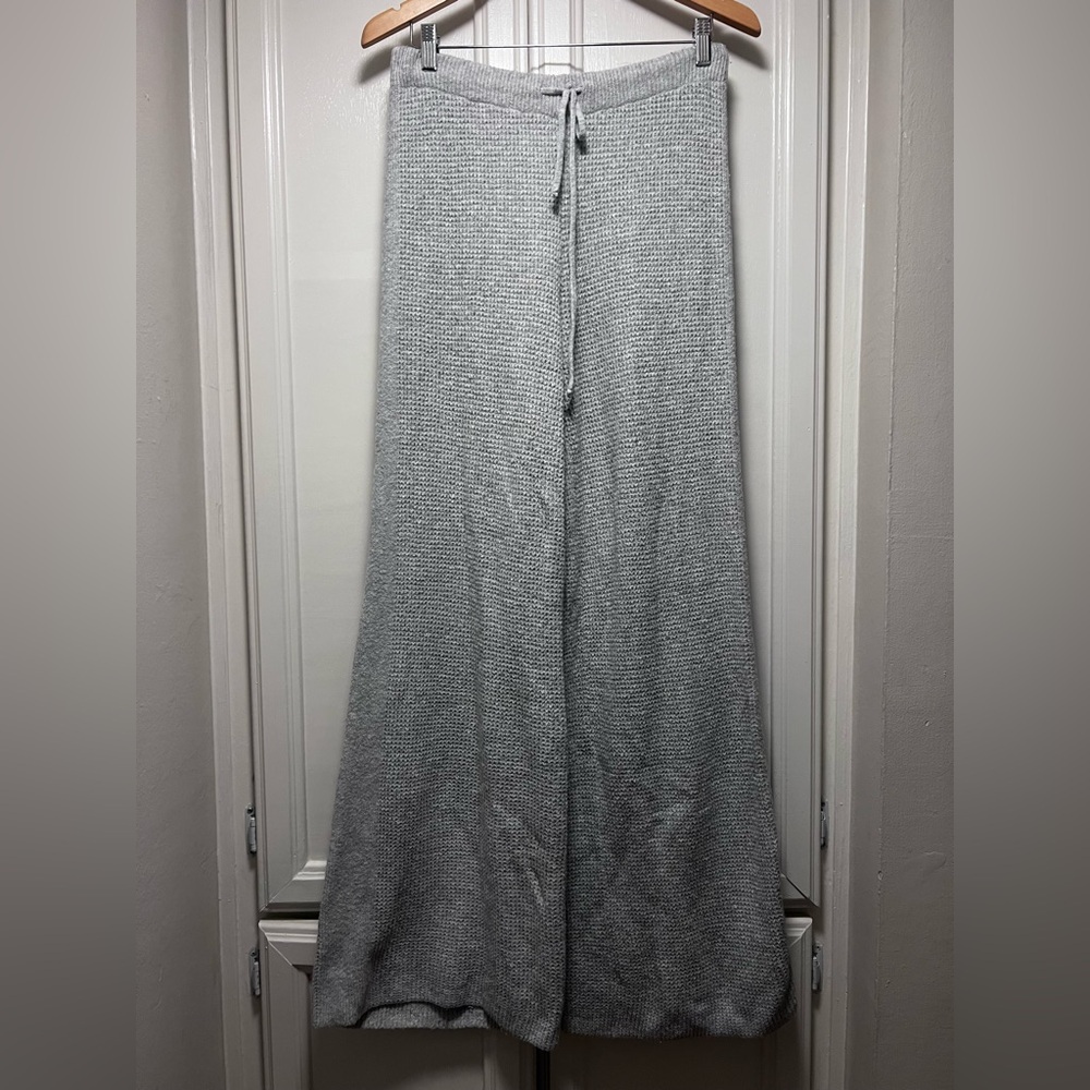 Aerie Tall Long Light Gray Waffle Knit Wide Leg Pants Drawstring Comfy Sz Medium
